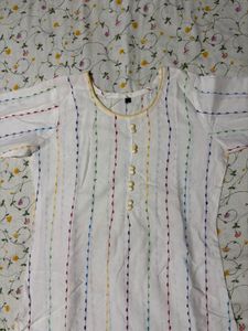 Elegant White Kurta with Colorful Embroidery