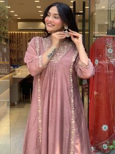Mauve Embroidered Mul Chanderi Suit Set