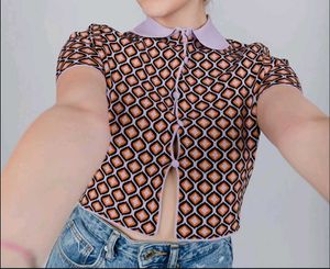 Retro Geometric Print Button-Up Top