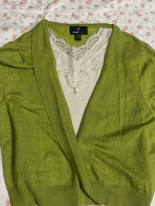 Lime Green Cardigan with Lace Trim