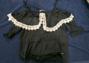 Black Off-Shoulder Lace Trim Top
