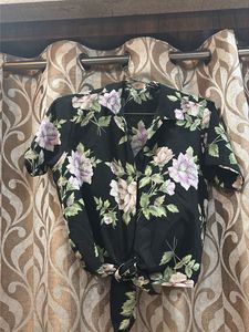 Black Floral Print Tie-Front Top