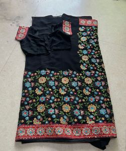 Elegant Black Floral Embroidered Saree