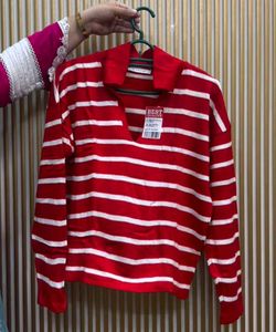 Crop Red & White Striped V-Neck Sweater