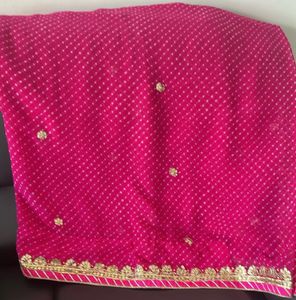 Vibrant Pink Saree with Golden Border