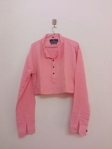 Pink Crop Henley Neck Shirt