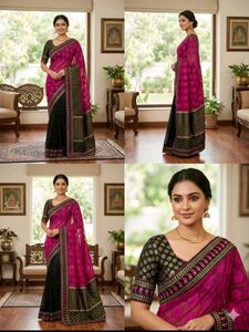 Beautiful Magenta Black Embroidered Saree