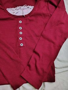 Maroon Lace Trim Henley Top