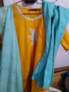 Yellow Kurta Set with Blue Dupatta