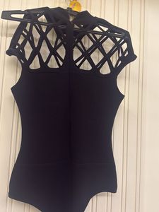 Sleek Black Bodysuit with Lattice Detail