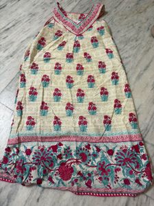 Biba Beige Floral Print Sleeveless Kurta