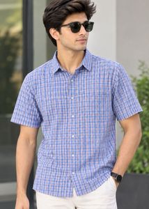 Men's Blue Plaid Short Sleeve Shirt