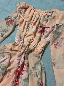 Floral Off-Shoulder Ruffle Dress and peach kurti