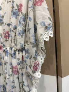 Floral Print Kaftan Dress with Lace Trim