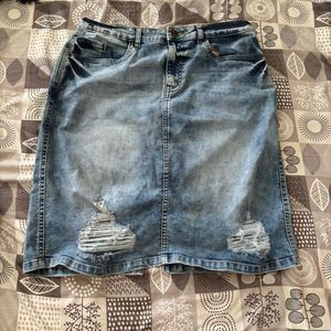 Distressed Denim Midi Skirt