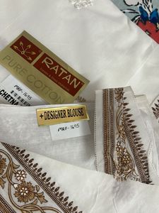 Brown Floral Bordered White Saree