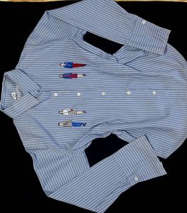 Striped Button-Up Shirt with Embroidered Figures