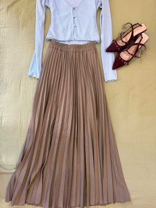 Pleated Midi Skirt with Cardigan & Heels