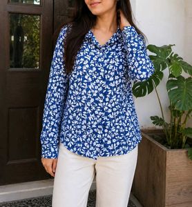 Blue Floral Print Button-Up Shirt