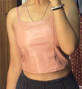 Sheer Lace &amp; Faux Leather Crop Top