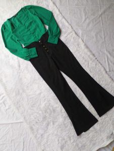 ❤️Chic Green Blouse &amp; Black Flare Pants Set❤️