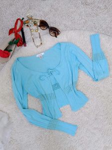 Cute Blue Tie-Front Cardigan