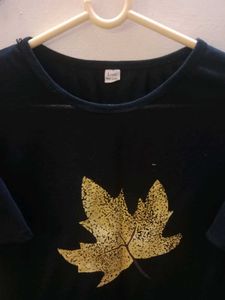 Black T-Shirt with Gold Leaf Print