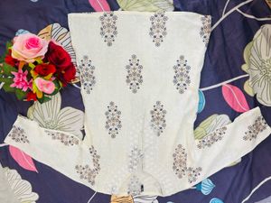 Cream Kurta with Blue Floral Print