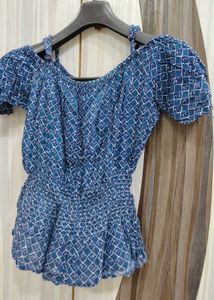 Blue Patterned Cold Shoulder Top
