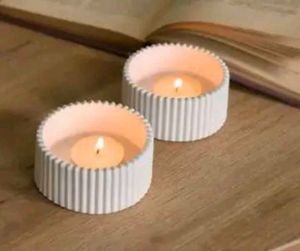 Set of 2 White Ribbed Candle Holders