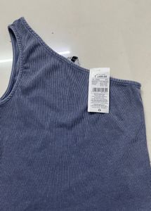 Blue One-Shoulder Ribbed Tank Top