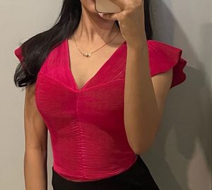 V-Neck Ruffle Sleeve Textured Top