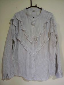 White and Grey Striped Ruffle Blouse
