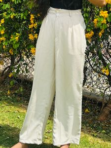 Cream Pleated High-Waist Trousers