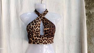 I. Leopard Print Halter Neck Crop Top