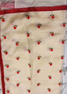 Cream Floral Embroidered Saree with Red Blouse