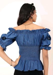 Smocked Off-Shoulder Denim Top