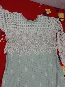 Elegant Mint Kurta Set with White Lace Overlay