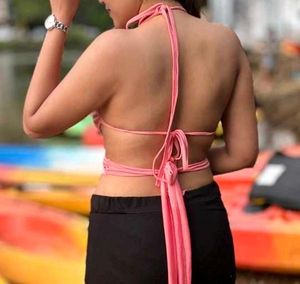 Pink Halter Neck Ruched Crop Top