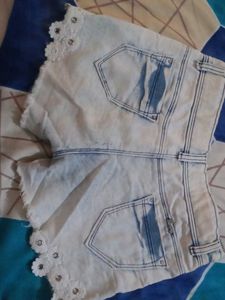 Acid Wash Denim Shorts with Lace