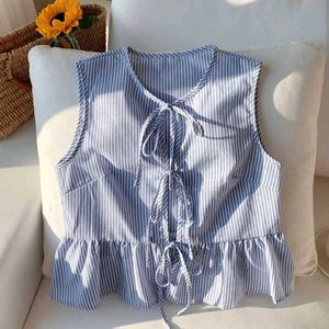Blue Striped Tie-Front Peplum Top