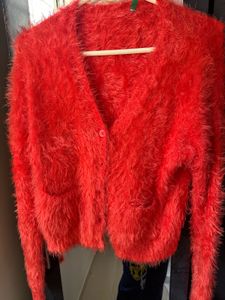Red Fuzzy Knit Cardigan