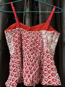 Chic Red &amp; White Embroidered Peplum Top