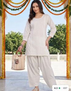 Elegant White cotton Kurta Set with Palazzo Pants