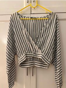 BERSHKA- Striped Wrap Front Crop Top