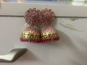 Elegant Pink & Gold Jhumka Earrings