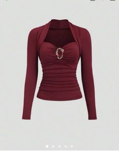 Burgundy Ruched Metallic-Detail Long Sleeve Top