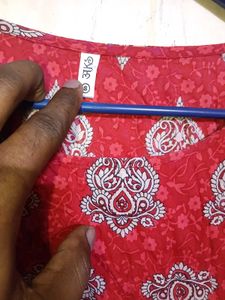 Red Printed Kurta with Drawstring Neck