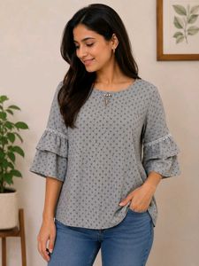 Grey Printed Tiered Sleeve Top