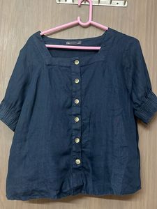 Dark Blue Square Neck Button-Up Top